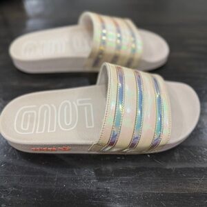 RARE Womens Adidas Adilette Slides White & Iridescent - size US 9/UK 8
